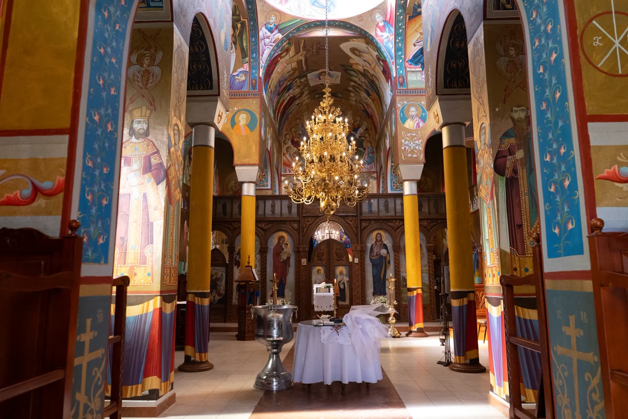 Interior of Serbian Orthodox Church of St George in St Albans before a christening ceremony