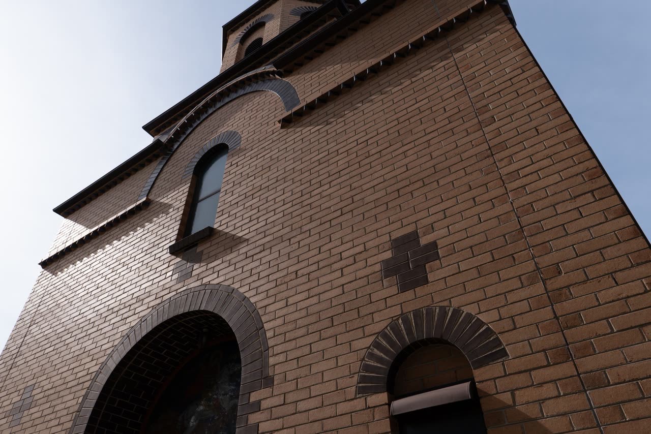 Exterior of Serbian Orthodox Church of St George in St Albans photographed before a christening