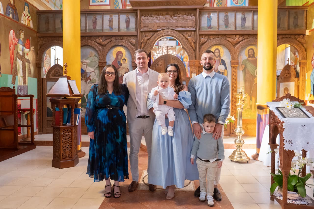Immediate family portrait after a Serbian Orthodox christening in St Albans